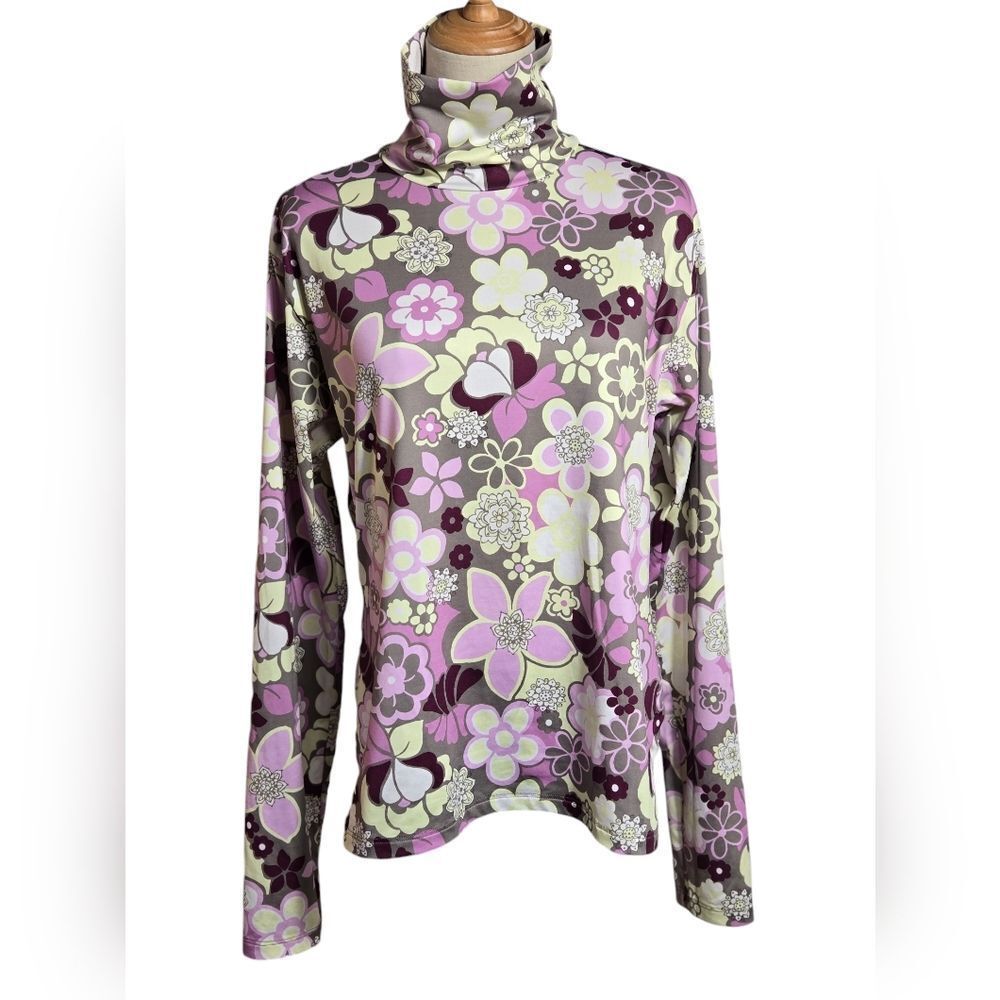 Floral Turtleneck Long-Sleeve Top - Purple/Green